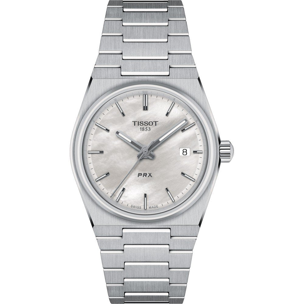Orologio Tissot PRX 35mm con cassa in acciaio inox, quadrante argentato e bracciale a maglia rolò.
