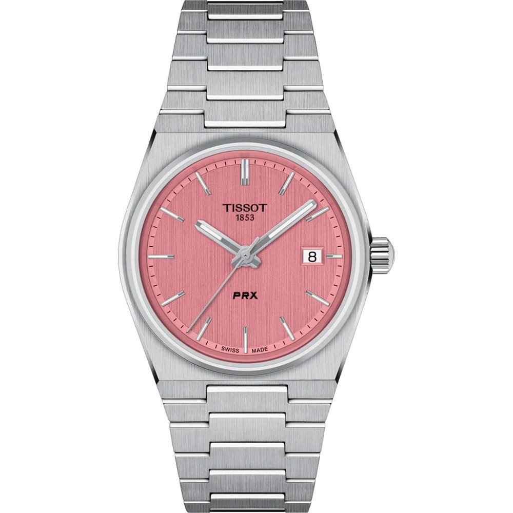Orologio Tissot PRX 35mm con quadrante rosa, cassa in acciaio inox e cinturino a maglia rolò.