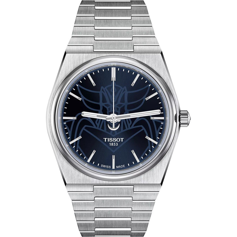 Orologio Tissot PRX con quadrante blu e motivo robotico, cassa in acciaio e bracciale a maglia rolò.