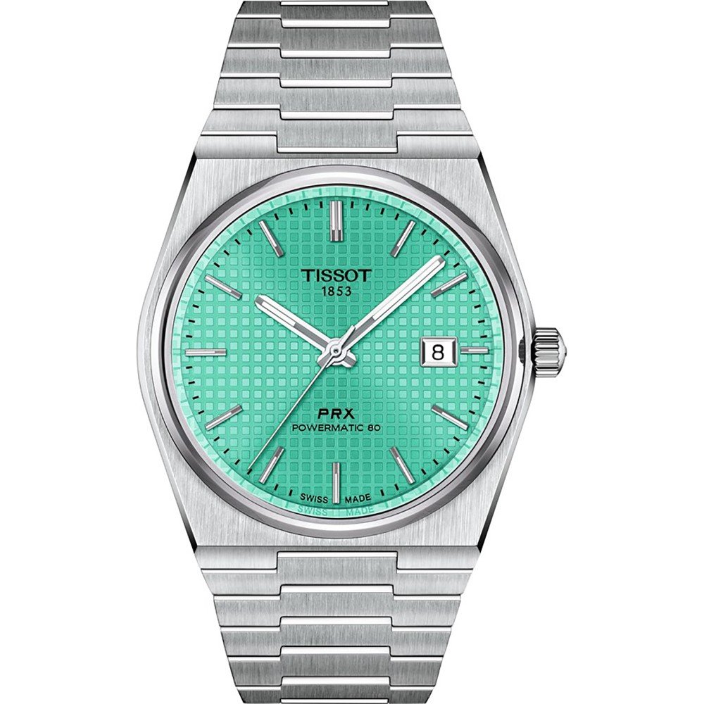 Orologio Tissot PRX Powermatic 80 con cassa in acciaio inox, quadrante verde acqua e bracciale a maglia rolò.