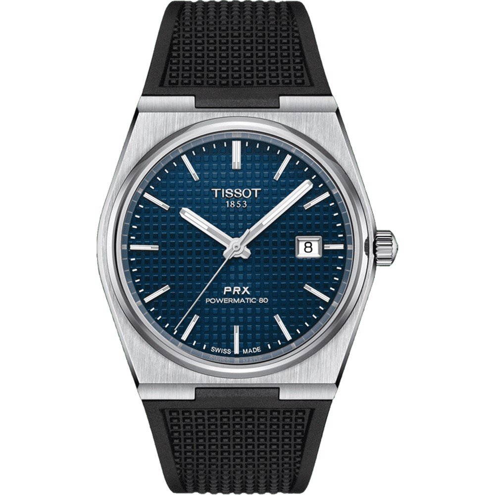 Orologio Tissot PRX Powermatic 80 con quadrante blu, cassa in acciaio inox e cinturino in gomma nera.