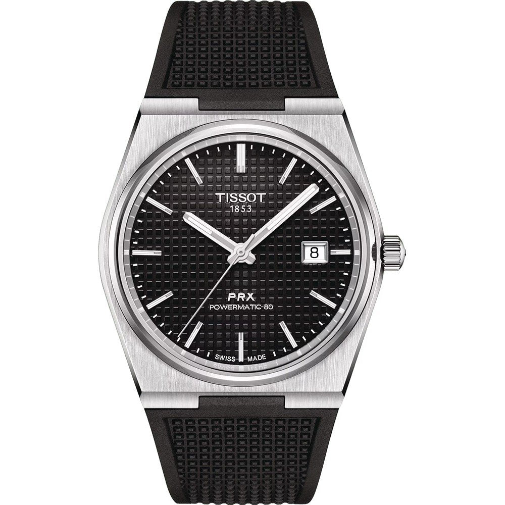 Orologio Tissot PRX Powermatic 80 con quadrante nero, cassa in acciaio inox e cinturino in gomma nera.