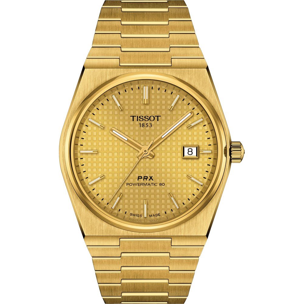 Orologio Tissot PRX Powermatic 80 con cassa e bracciale dorati, quadrante giallo con motivo a nido d'ape e datario.