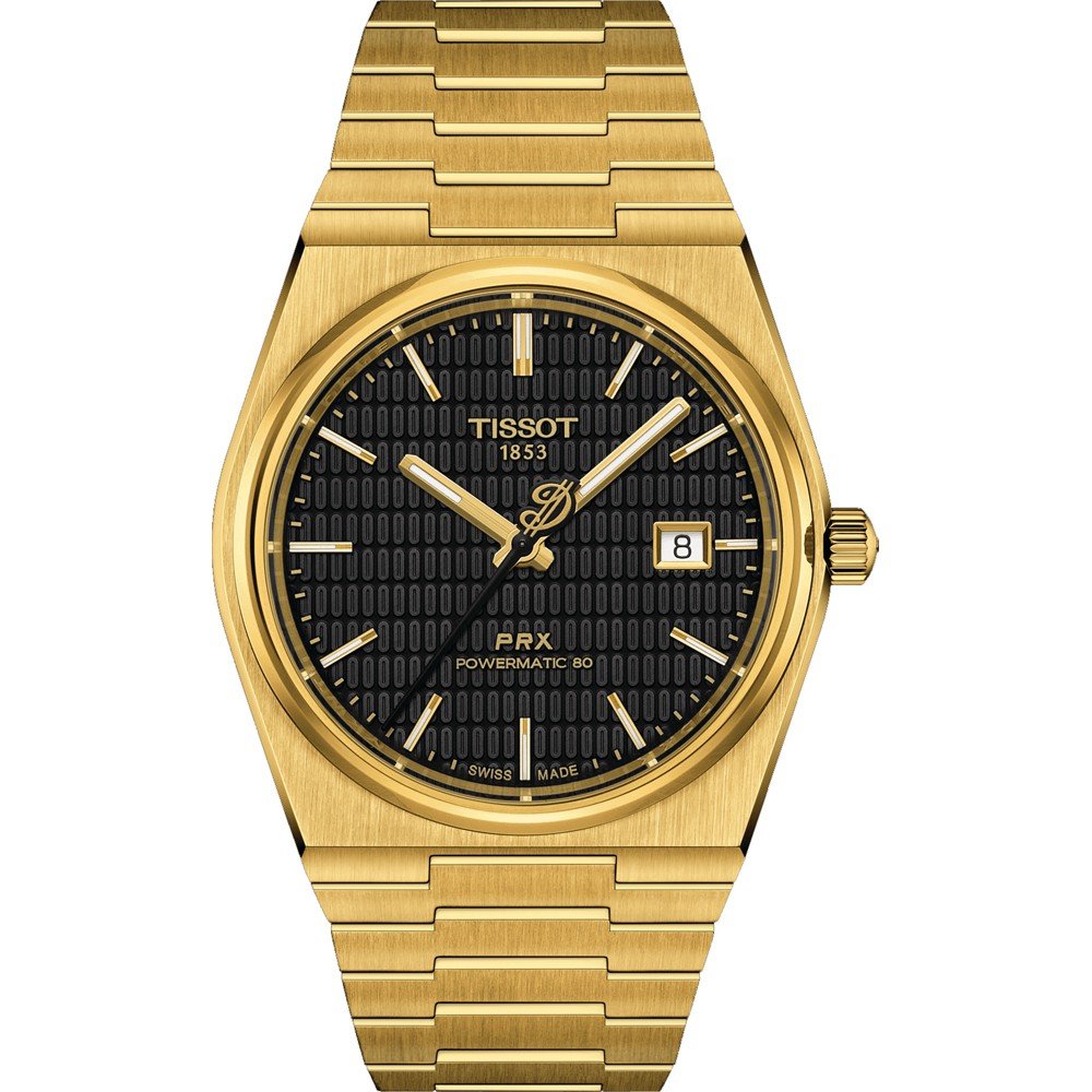 Orologio Tissot PRX Powermatic 80 con cassa dorata, quadrante nero e bracciale in metallo.