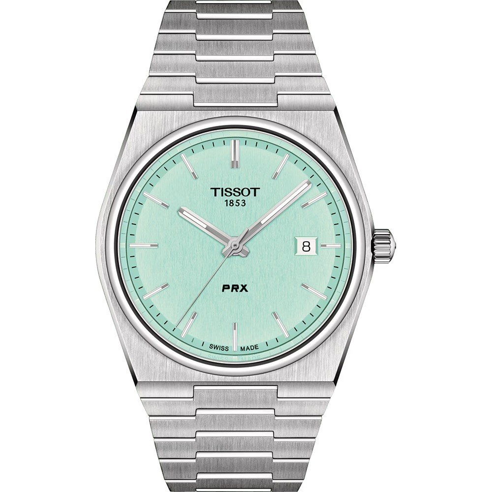 Orologio Tissot PRX con cassa in acciaio inox, quadrante verde acqua e bracciale a maglia rolò.