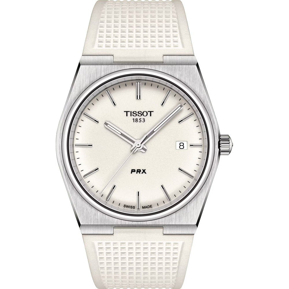 Orologio Tissot PRX con cassa in acciaio inox, quadrante bianco e cinturino in silicone bianco.
