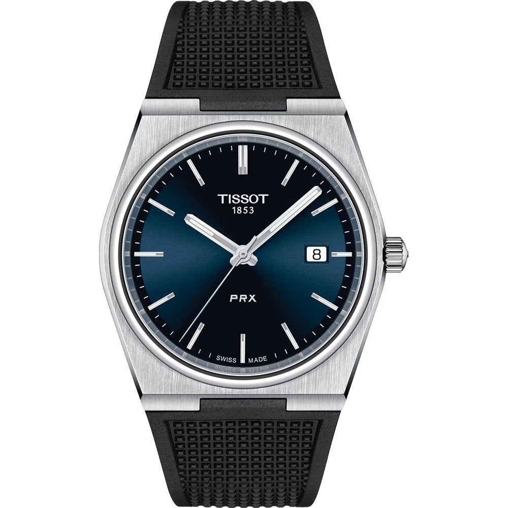 Orologio Tissot PRX con cassa in acciaio inox, quadrante blu e cinturino in gomma nera.