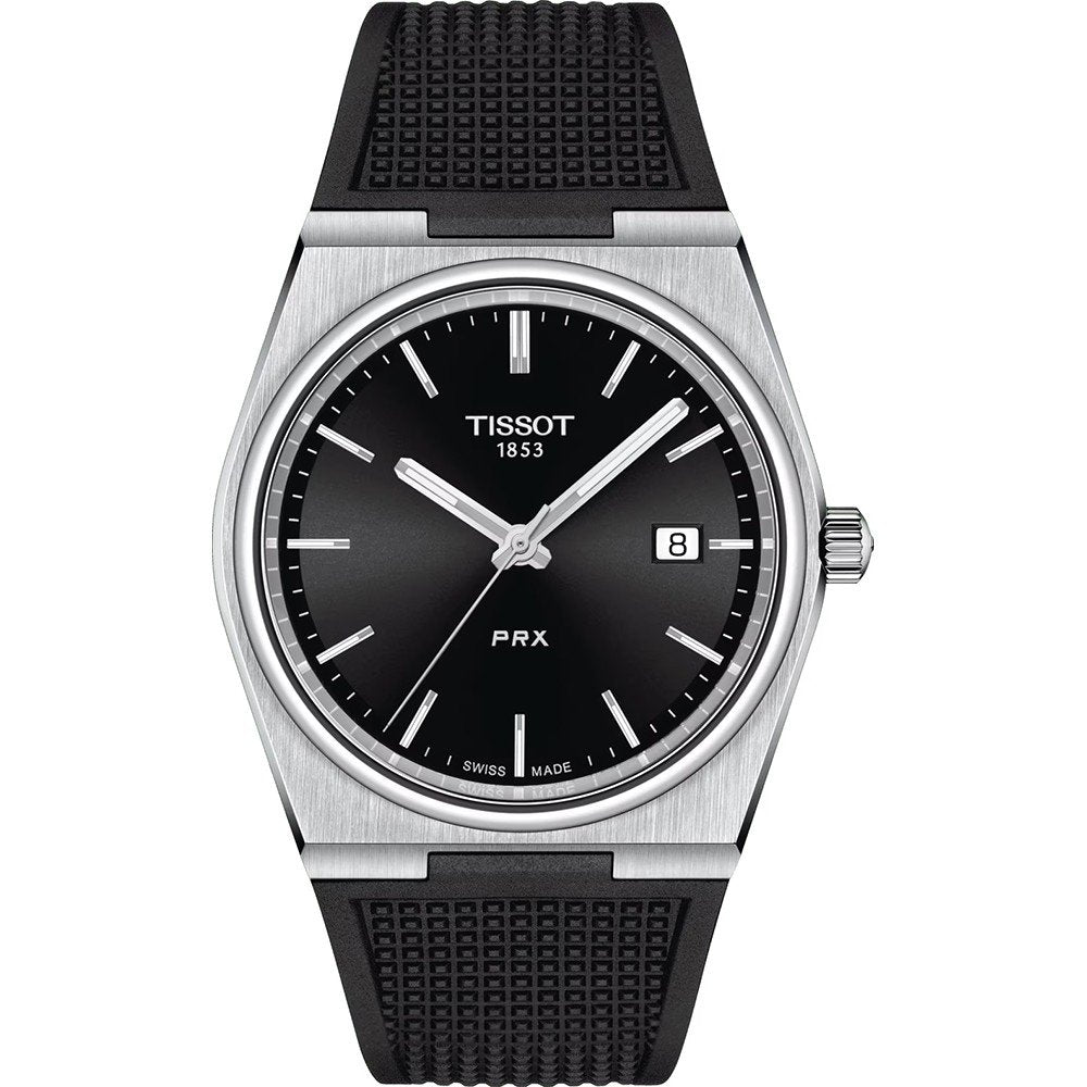 Orologio Tissot PRX con cassa in acciaio inox, quadrante nero e cinturino in gomma nera.
