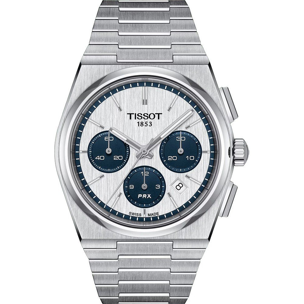 Orologio Tissot PRX Automatic Chronograph con cassa in acciaio inox, quadrante bianco e tre sub-quadranti blu.