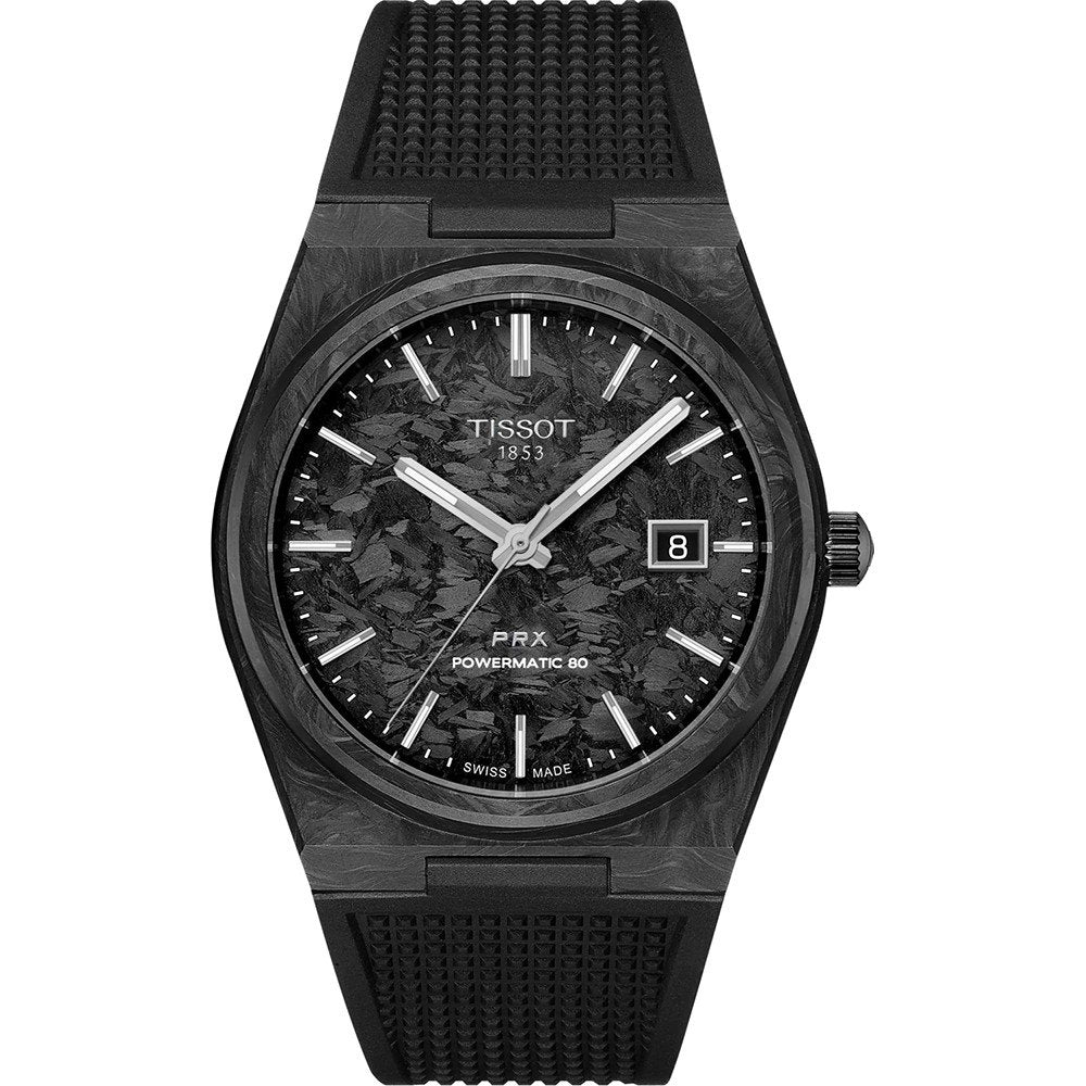Orologio Tissot PRX Powermatic 80 da 40 mm con cassa e cinturino in carbonio, quadrante nero con motivo e data.