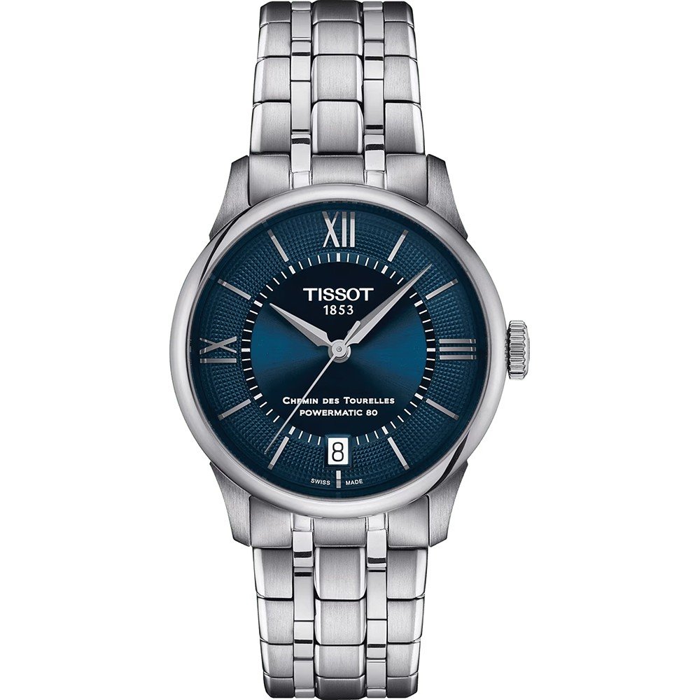 Orologio Tissot Chemin des Tourelles con cassa in acciaio inox, quadrante blu e bracciale in acciaio.