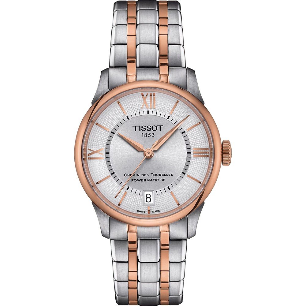 Orologio Tissot Chemin des Tourelles con cassa in acciaio e dettagli in oro rosa, quadrante argentato e bracciale a maglia rolò.
