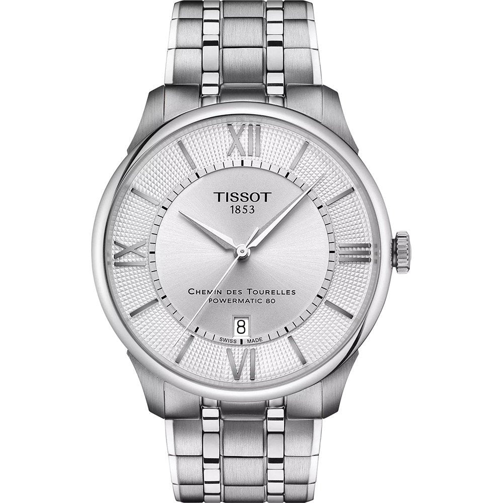 Orologio Tissot Chemin Des Tourelles con cassa in acciaio inox, quadrante argentato e bracciale a maglia rolò.