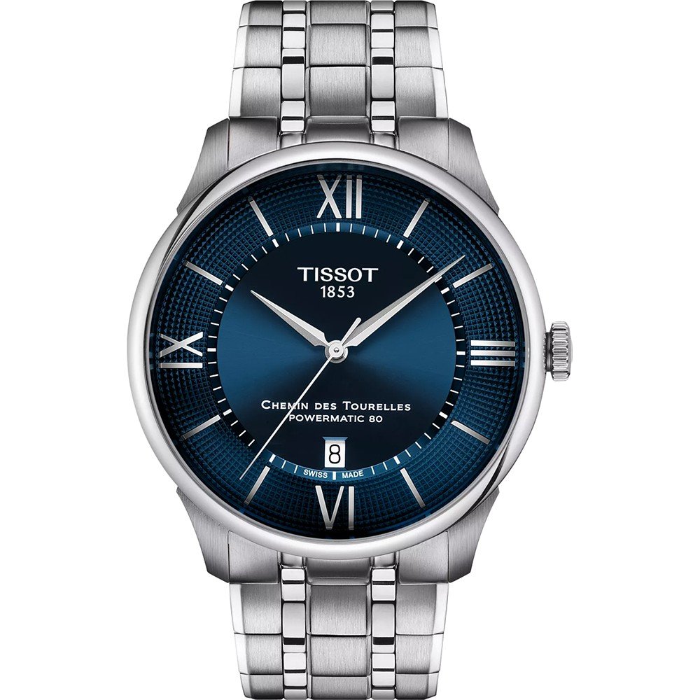 Orologio Tissot Chemin Des Tourelles Powermatic 80 con cassa in acciaio inox, quadrante blu e bracciale a maglia rolò.