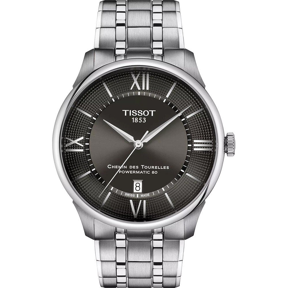 Orologio Tissot Chemin Des Tourelles Powermatic 80 con cassa in acciaio inox, quadrante grigio e bracciale a maglia rolò.