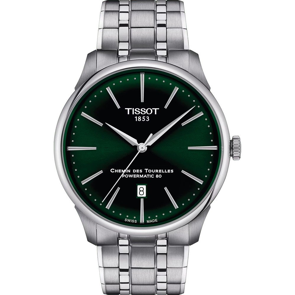 Orologio Tissot Chemin des Tourelles con cassa in acciaio, quadrante verde e bracciale in acciaio.