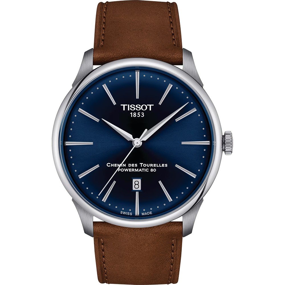Orologio Tissot Chemin des Tourelles con quadrante blu, cassa in acciaio e cinturino in pelle marrone.