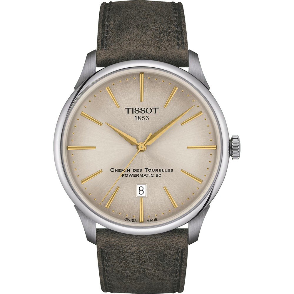 Orologio Tissot Chemin des Tourelles con cassa in acciaio, quadrante argentato e cinturino in pelle verde.