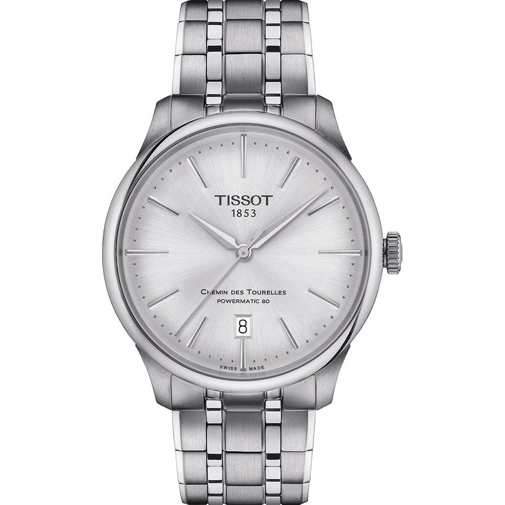 Orologio Tissot Chemin des Tourelles con cassa in acciaio inox, quadrante argentato e bracciale a maglia rolò.