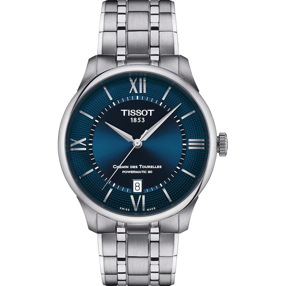 Orologio Tissot Chemin des Tourelles con cassa in acciaio inox, quadrante blu e bracciale a maglia rolò.