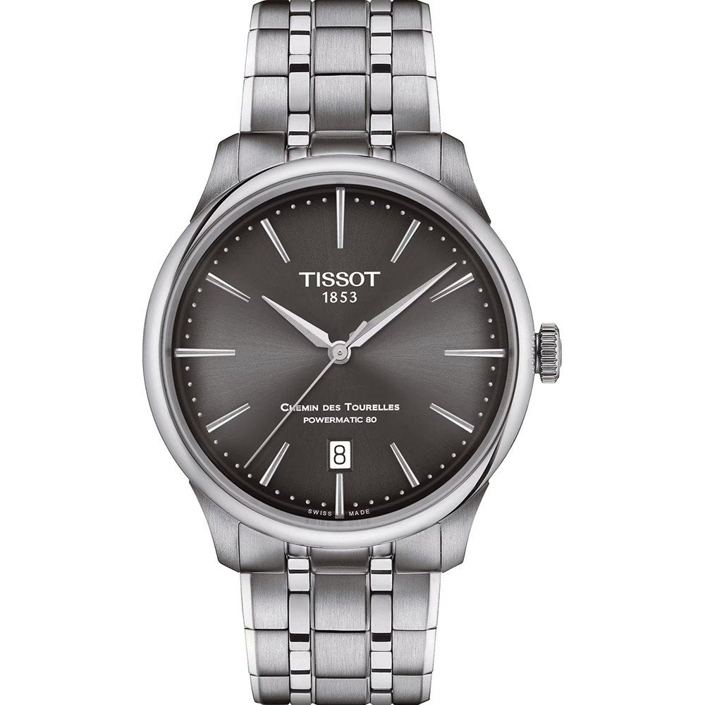 Orologio Tissot Chemin des Tourelles con cassa in acciaio inox, quadrante grigio e bracciale a maglia rolò.