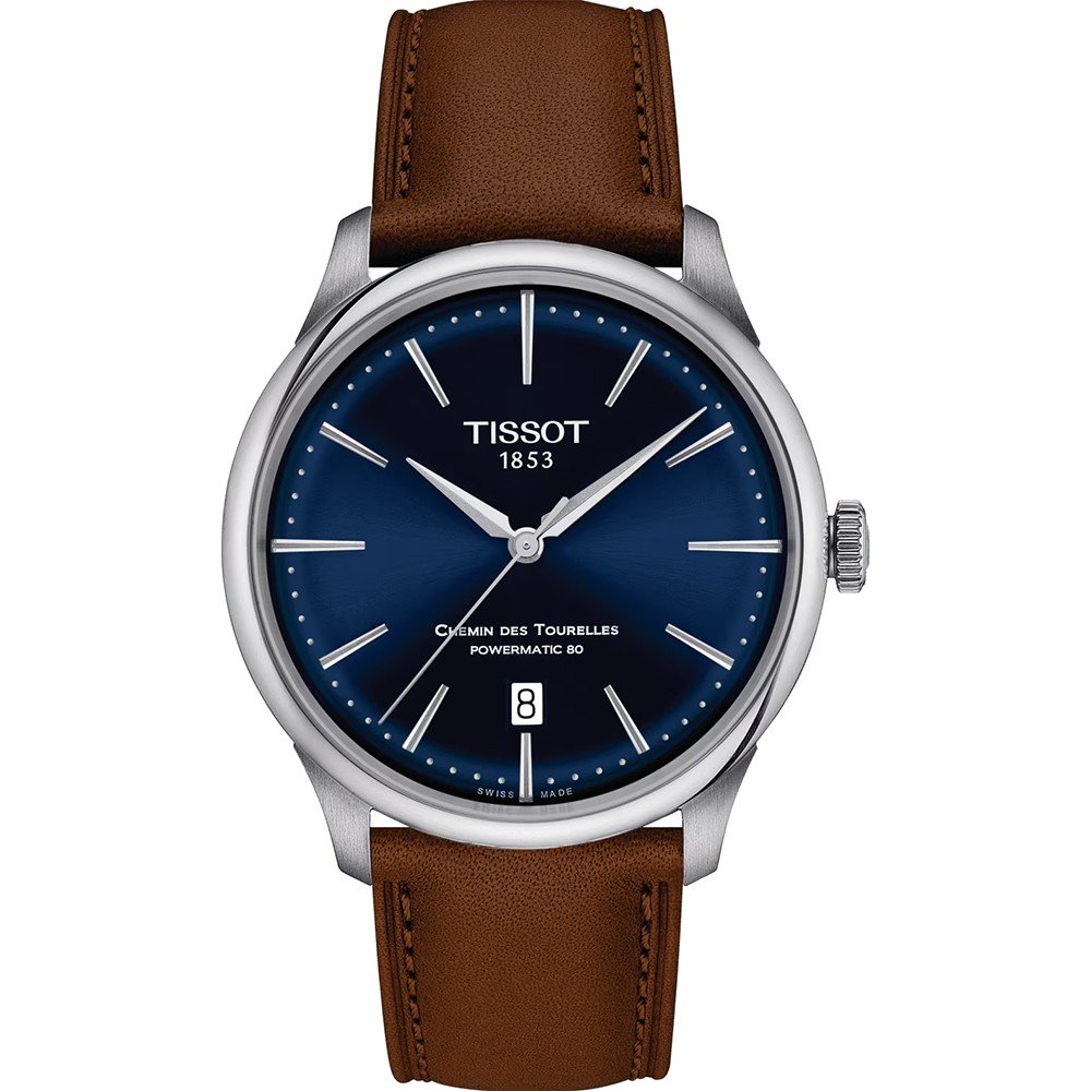 Orologio Tissot Chemin des Tourelles con cassa in acciaio, quadrante blu e cinturino in pelle marrone.