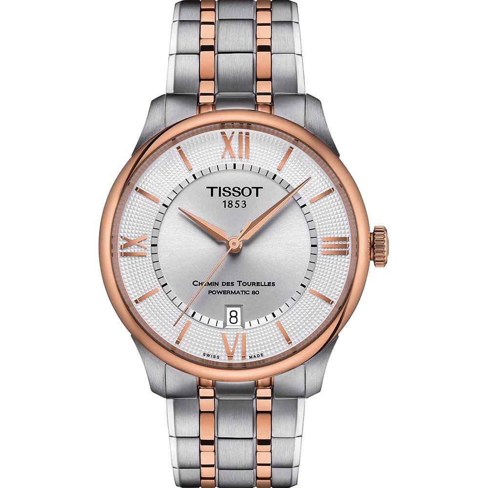 Orologio Tissot Chemin des Tourelles con cassa in acciaio e dettagli in oro rosa, quadrante argentato e bracciale a maglia rolò.