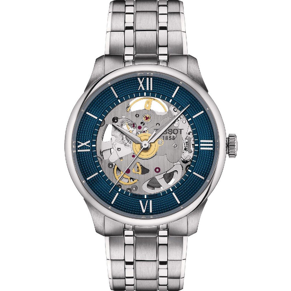 Orologio Tissot Chemin Des Tourelles con cassa in acciaio, quadrante blu e movimento scheletrato.