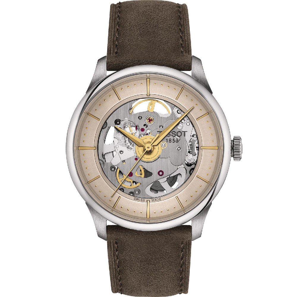 Orologio Tissot Chemin Des Tourelles con cassa in acciaio, quadrante scheletrato e cinturino in pelle marrone.