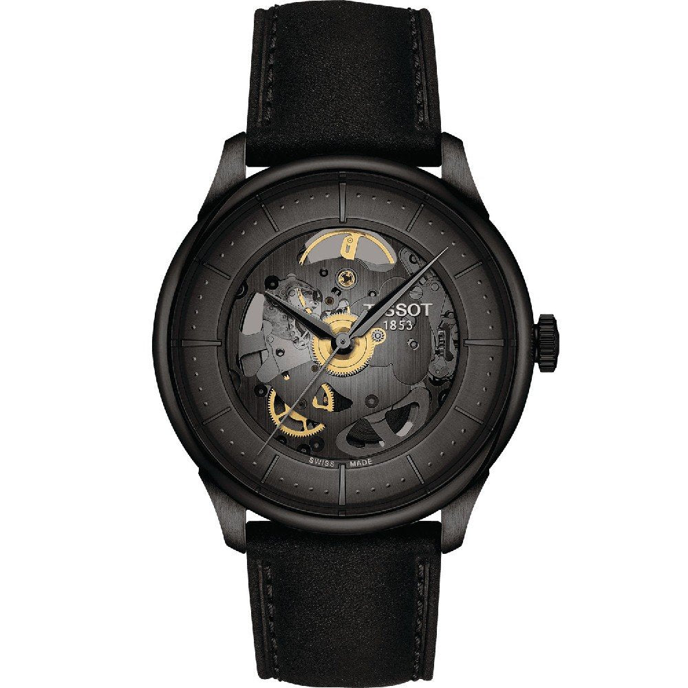 Orologio Tissot Chemin Des Tourelles con quadrante scheletrato, cassa nera e cinturino in pelle nera.