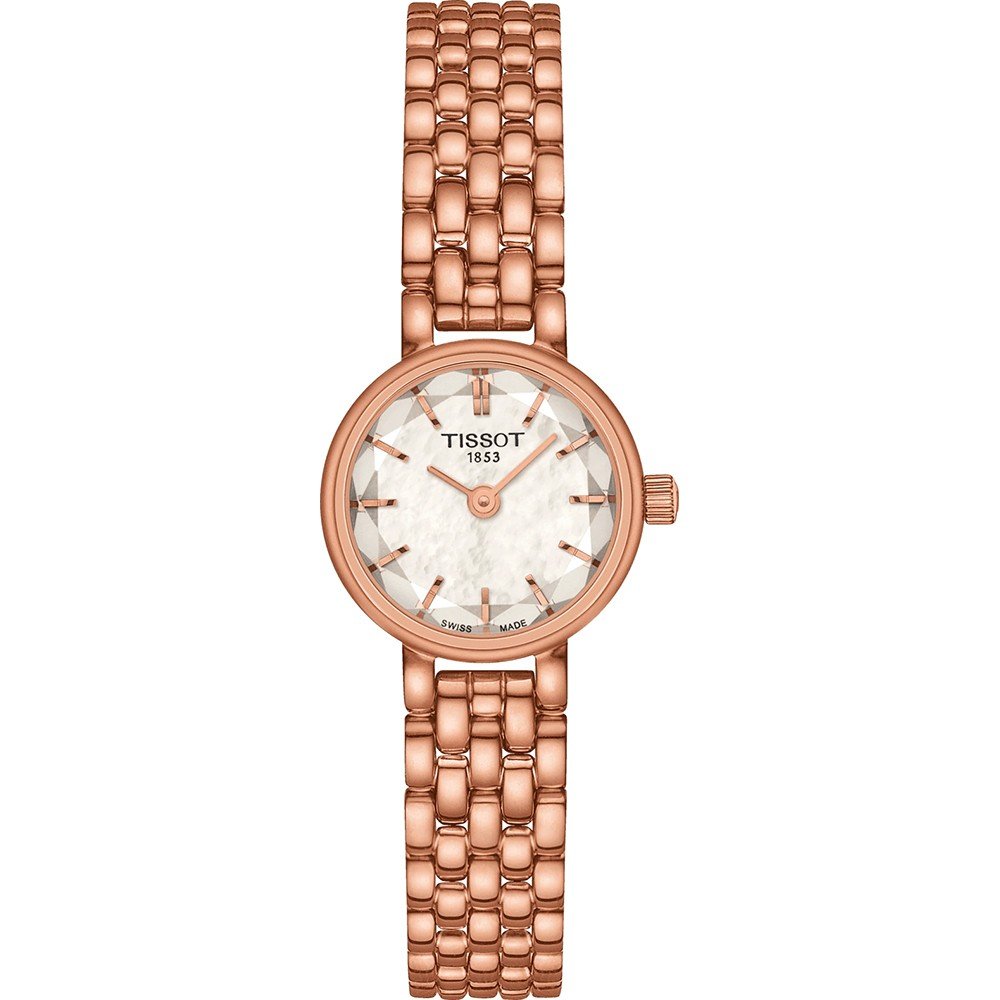 Orologio Tissot Lovely Round con cassa rotonda rosa e cinturino in maglia rolò.