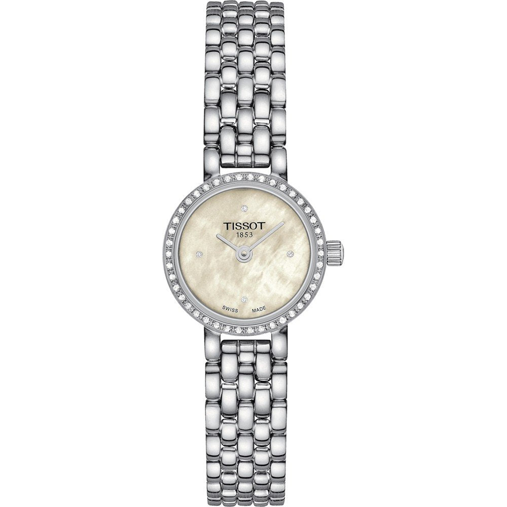 Orologio Tissot con cassa rotonda argentata, quadrante madreperla e cinturino a maglia rolò.
