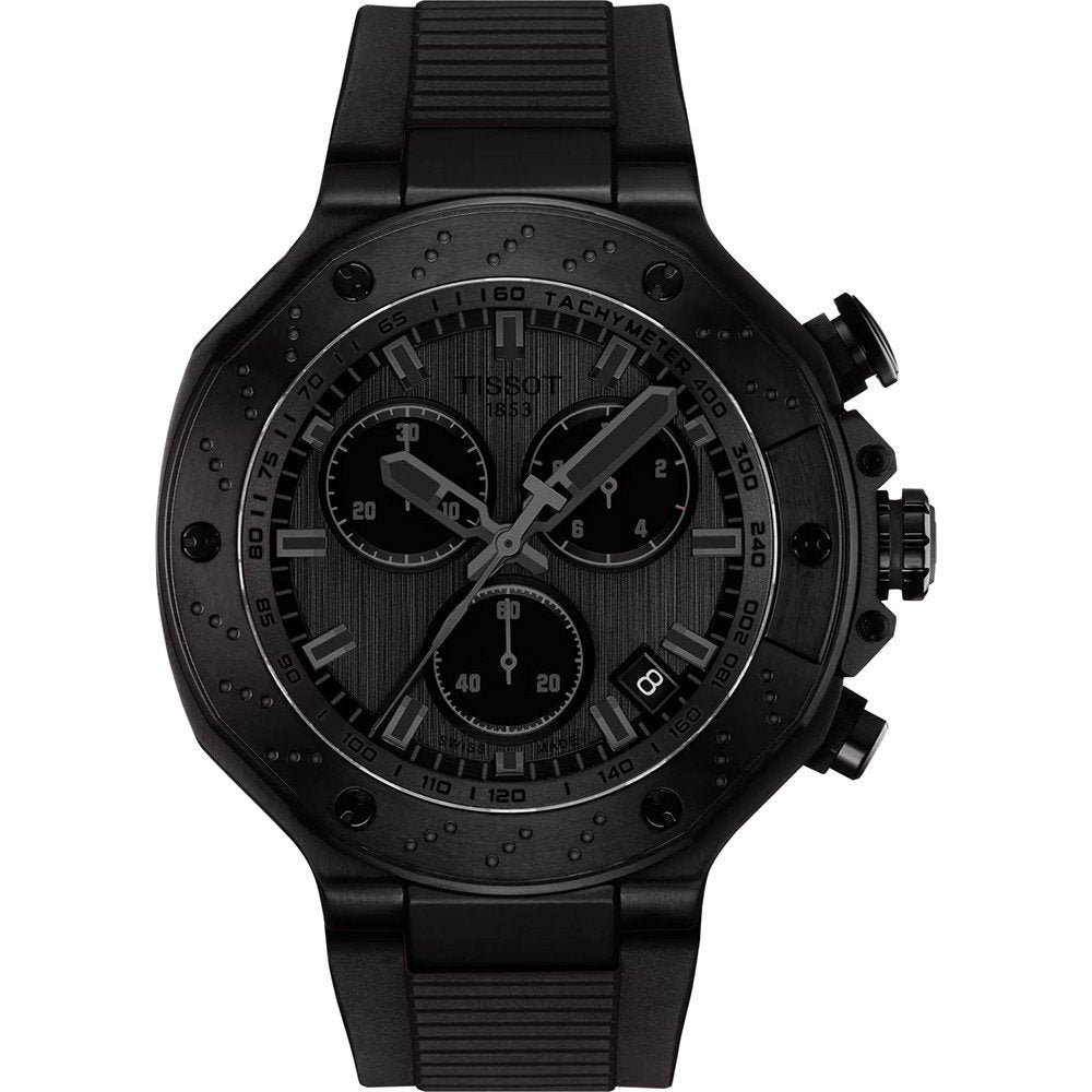 Orologio Tissot T-Race con cassa nera, quadrante nero e cinturino in gomma.
