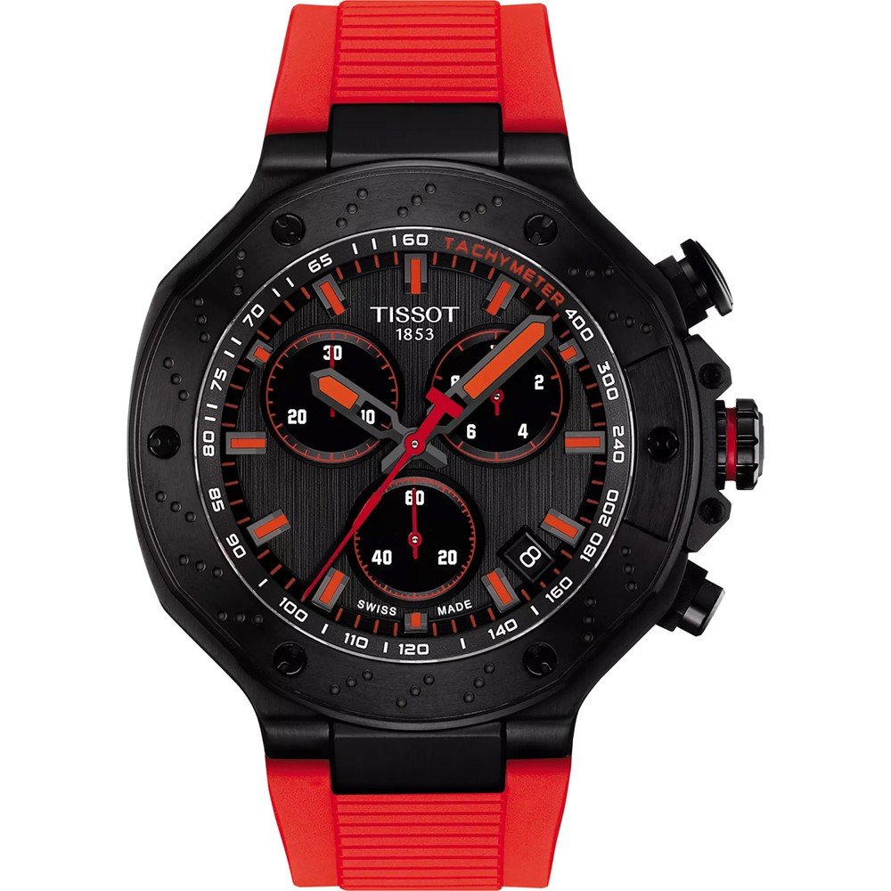 Orologio Tissot T-Race con cassa nera, quadrante nero e dettagli arancioni, cinturino in silicone rosso.