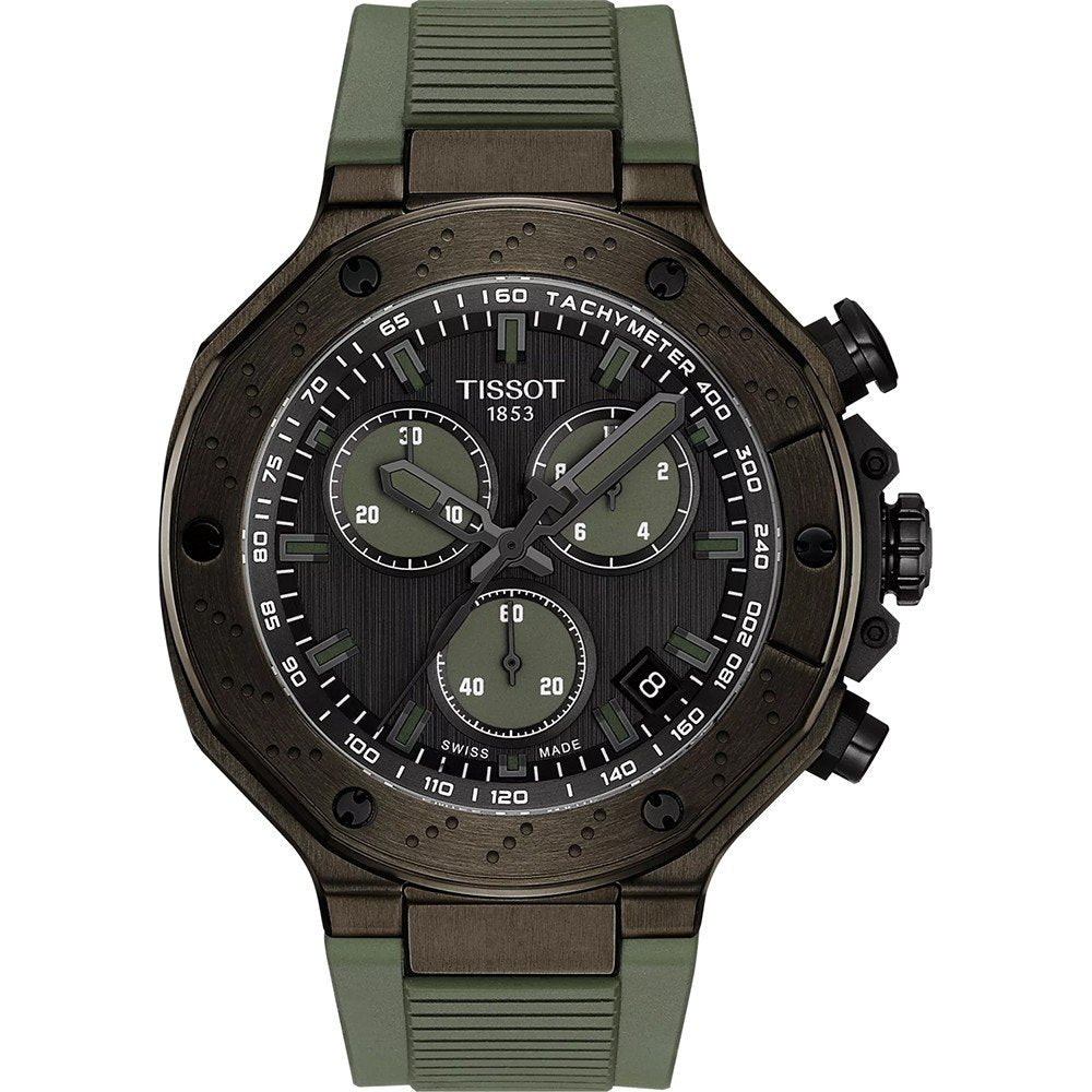 Orologio Tissot T-Race Quartz Chronograph con cassa nera e quadrante grigio, cinturino verde in gomma.