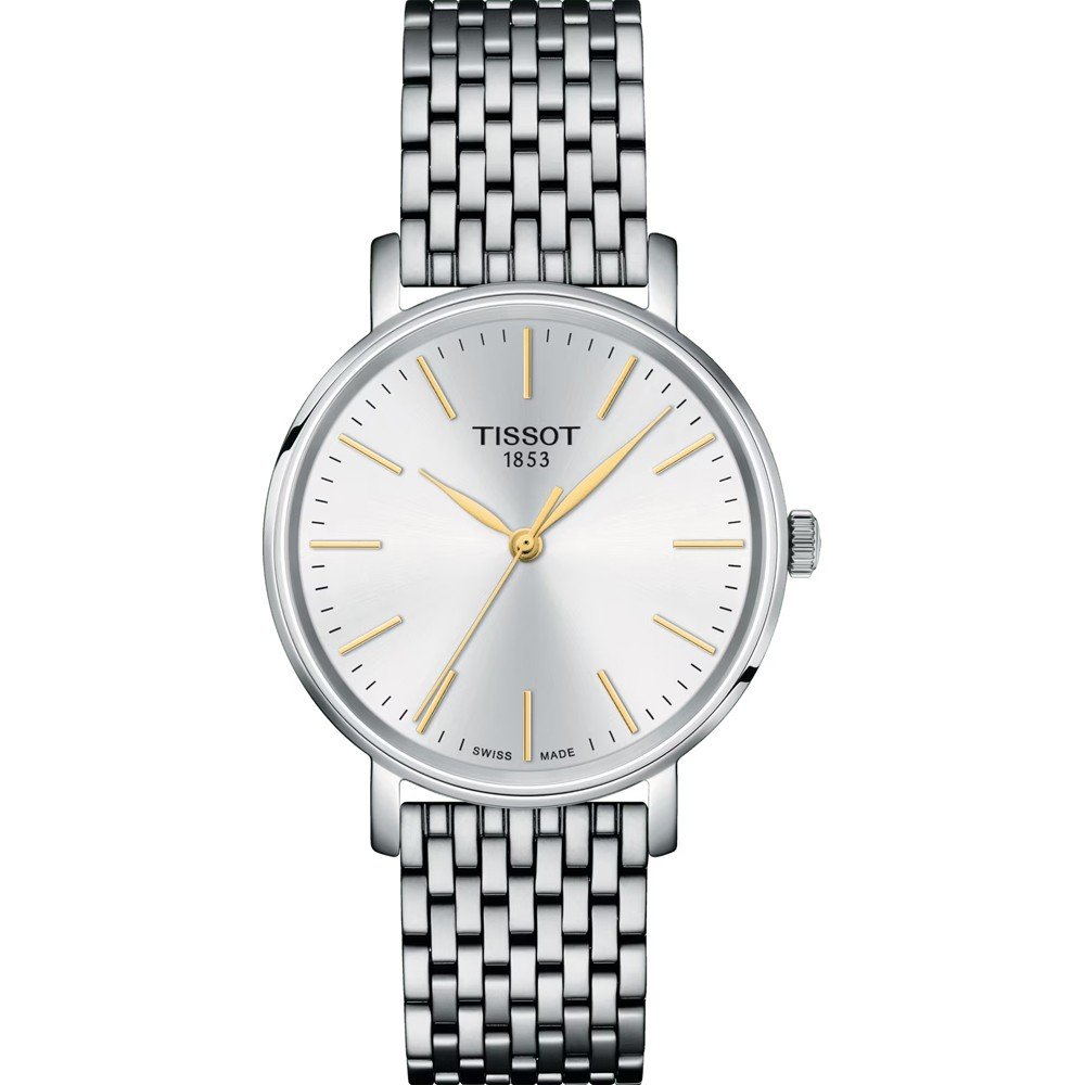 Orologio Tissot con cassa argentata di 34 mm, quadrante argentato e bracciale in maglia rolò.