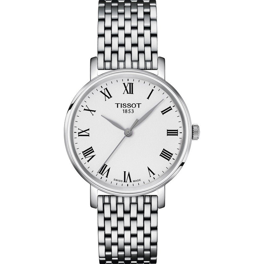 Orologio Tissot Everytime con cassa argentata di 34 mm, quadrante bianco e cinturino in maglia rolò.