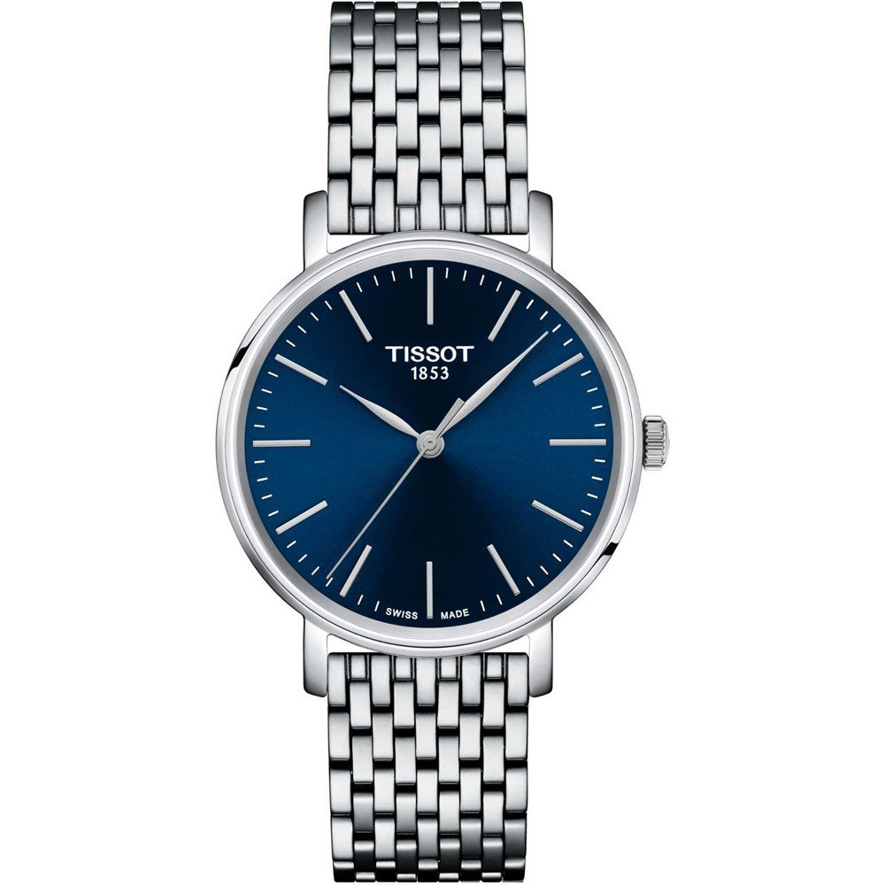 Orologio Tissot Everytime con cassa argentata di 34 mm e quadrante blu, bracciale in maglia rolò.