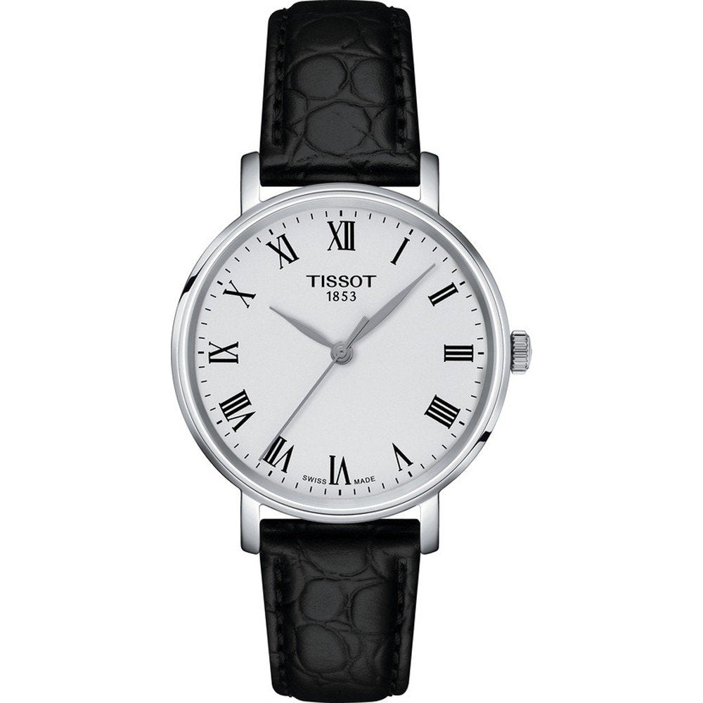 Orologio Tissot Everytime con cassa argentata di 34 mm, quadrante bianco e cinturino in pelle nera.