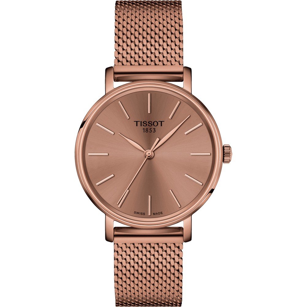 Orologio Tissot Everytime con cassa rotonda da 34 mm e cinturino in maglia rolò rosa.