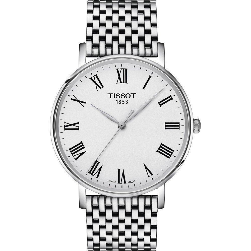 Orologio Tissot Everytime con cassa argentata di 40 mm, quadrante bianco e bracciale in maglia rolò.