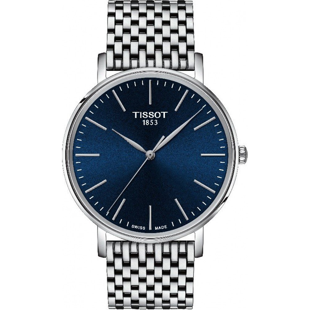 Orologio Tissot Everytime con cassa in acciaio inox, quadrante blu e cinturino in maglia rolò.