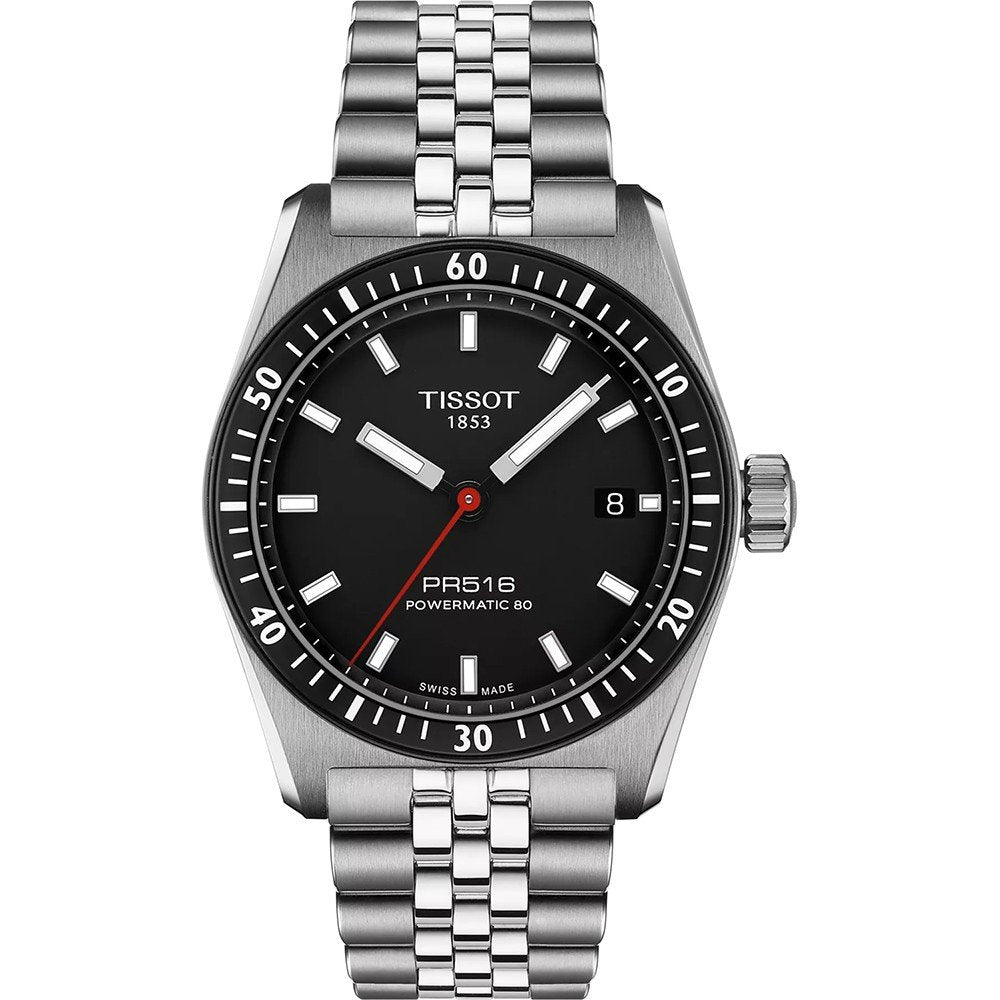 Orologio Tissot PR516 con cassa in acciaio inox, quadrante nero e bracciale a maglia rolò.