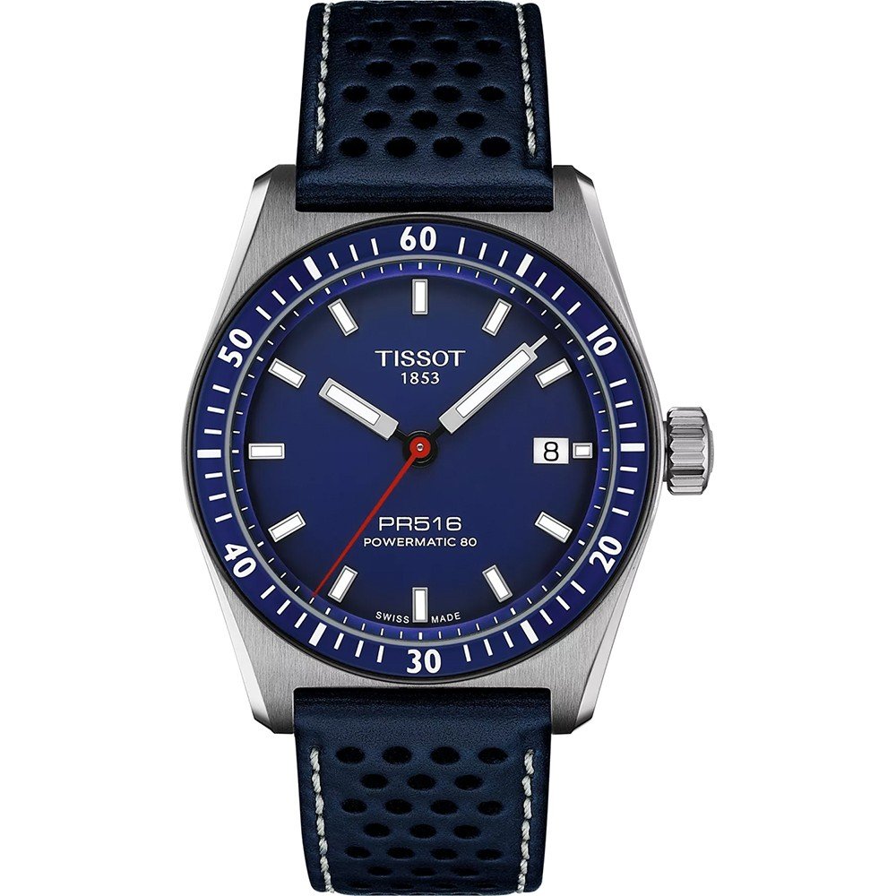 Orologio Tissot PR516 con quadrante blu, cassa in acciaio inox e cinturino in pelle blu perforata.