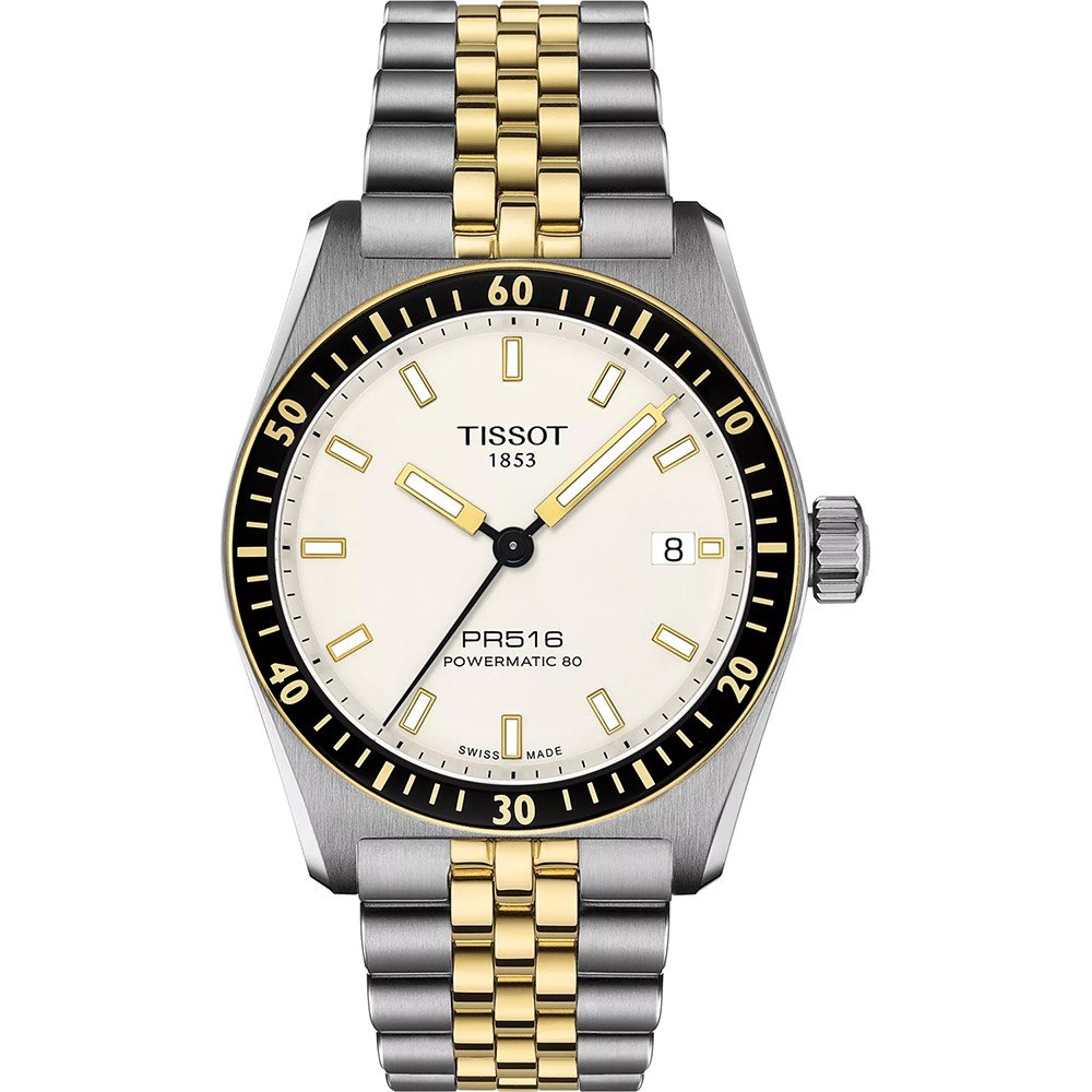 Orologio Tissot PR516 con cassa in acciaio inox, quadrante bianco, dettagli neri e bracciale bicolore.