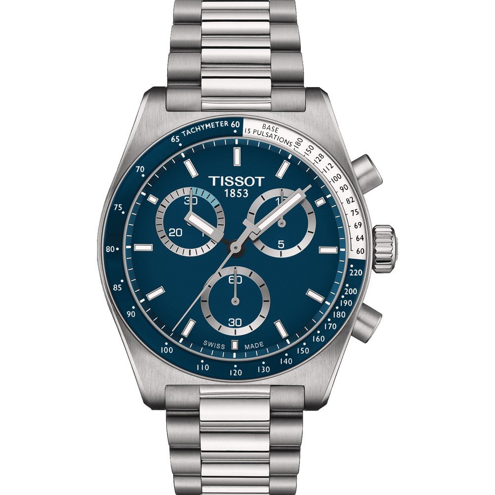 Orologio Tissot PR516 con cassa in acciaio inox, quadrante blu e cronografi.