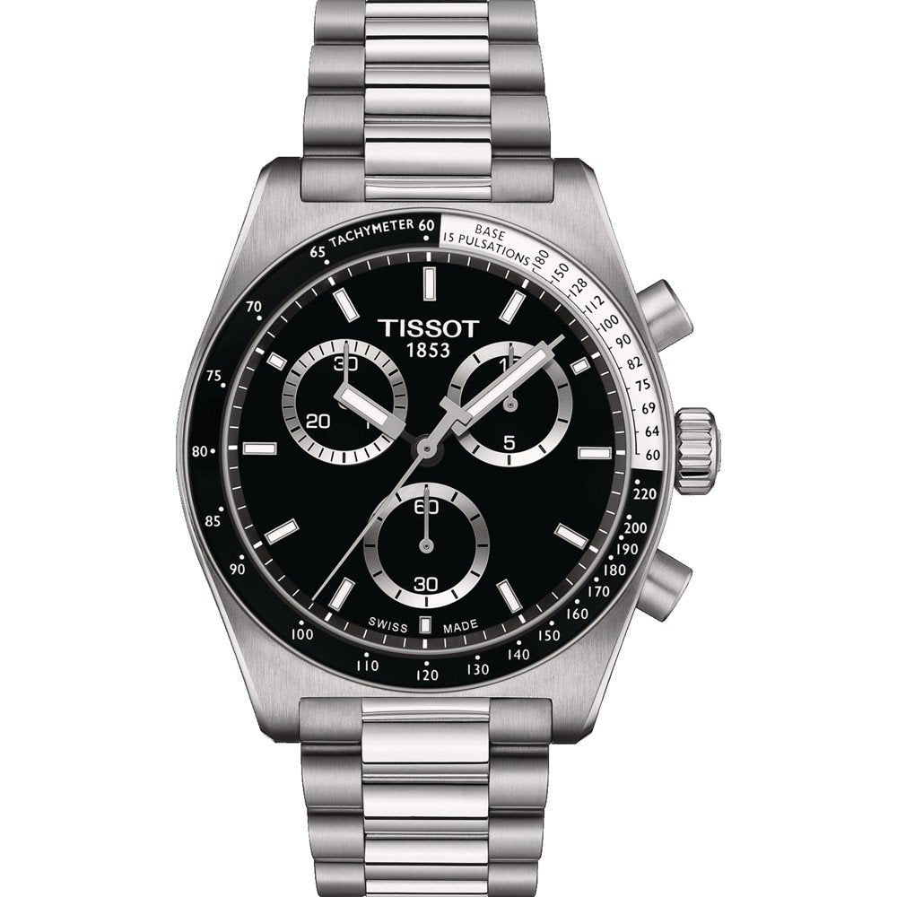 Orologio Tissot PR516 Chronograph con cassa in acciaio inox, quadrante nero e bracciale a maglia rolò.
