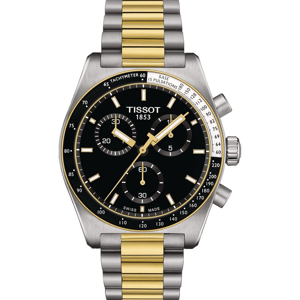 Orologio Tissot PR516 Chronograph con cassa in acciaio inox e quadrante nero, cinturino in acciaio dorato e argentato.