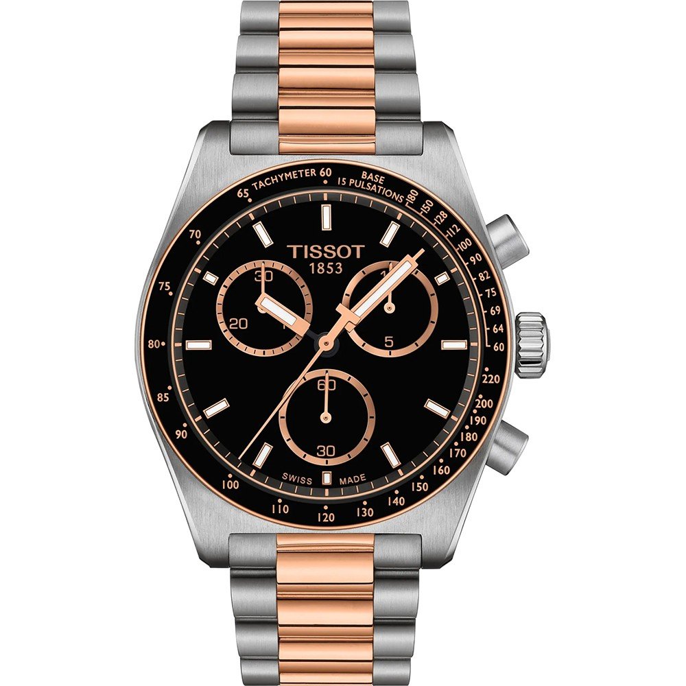 Orologio Tissot PR516 con cassa in acciaio inox, quadrante nero e dettagli in oro rosa.