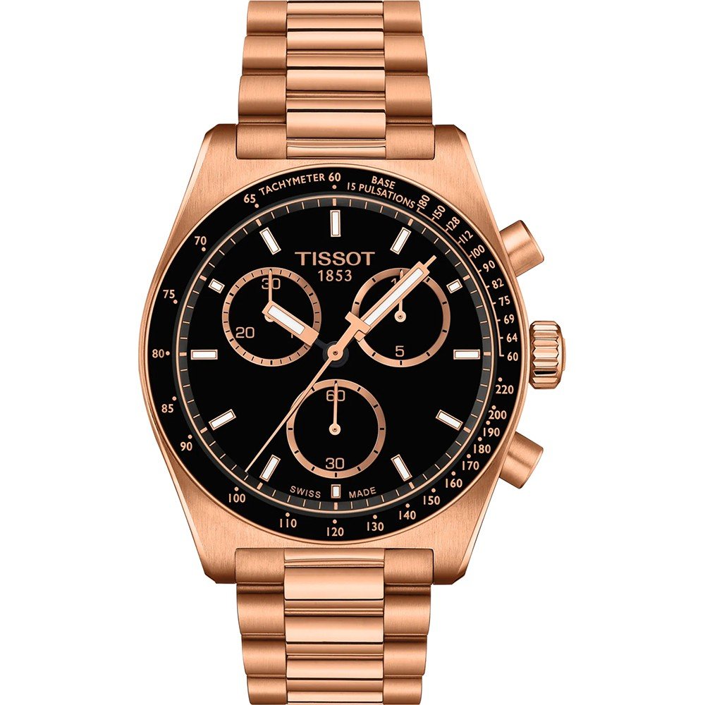 Orologio Tissot PR516 con cassa rossa e quadrante nero, bracciale in acciaio inossidabile.